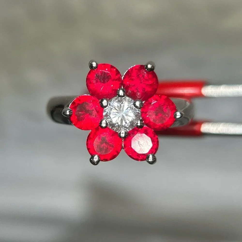 925‎ Silver Red/White Flower Ring